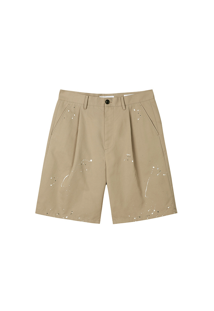 Row Painting Pleated Wide Shorts_ Beige
