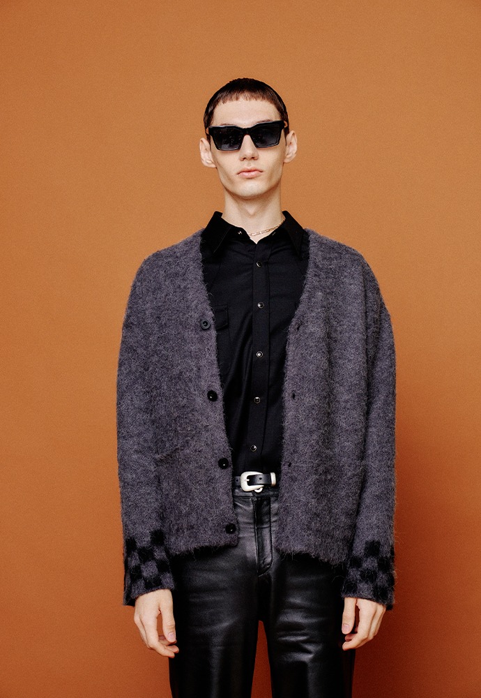 Checkerboard-sleeve Mohair Cardigan_ Charcoal