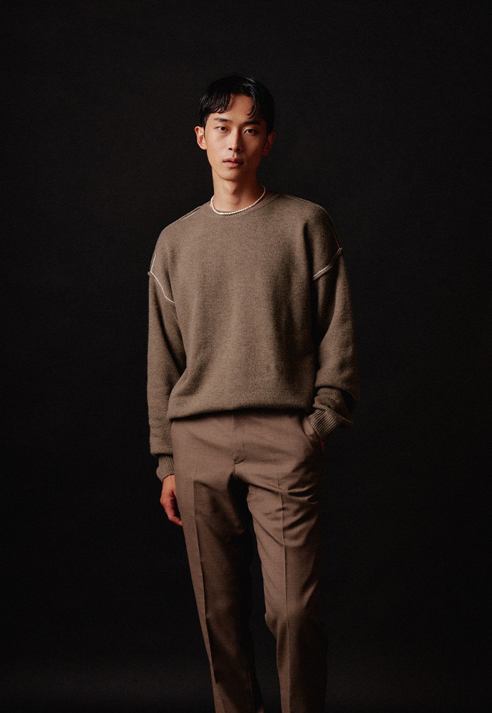 Contrasting Cashmere Sweater_ Olive Brown