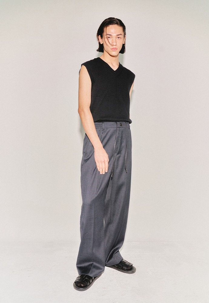 High-density Wool Drawstring Wide Trousers_ Grey