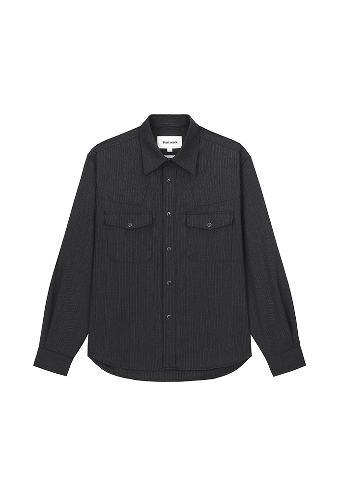 Worsted Wool Western Shirt (Japanese Fabric)_ Black Pinstripe
