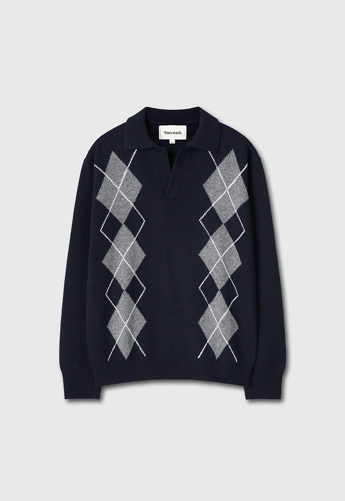 Wool and Cashmere Argyle Knitted Sweater_ Midnight Navy