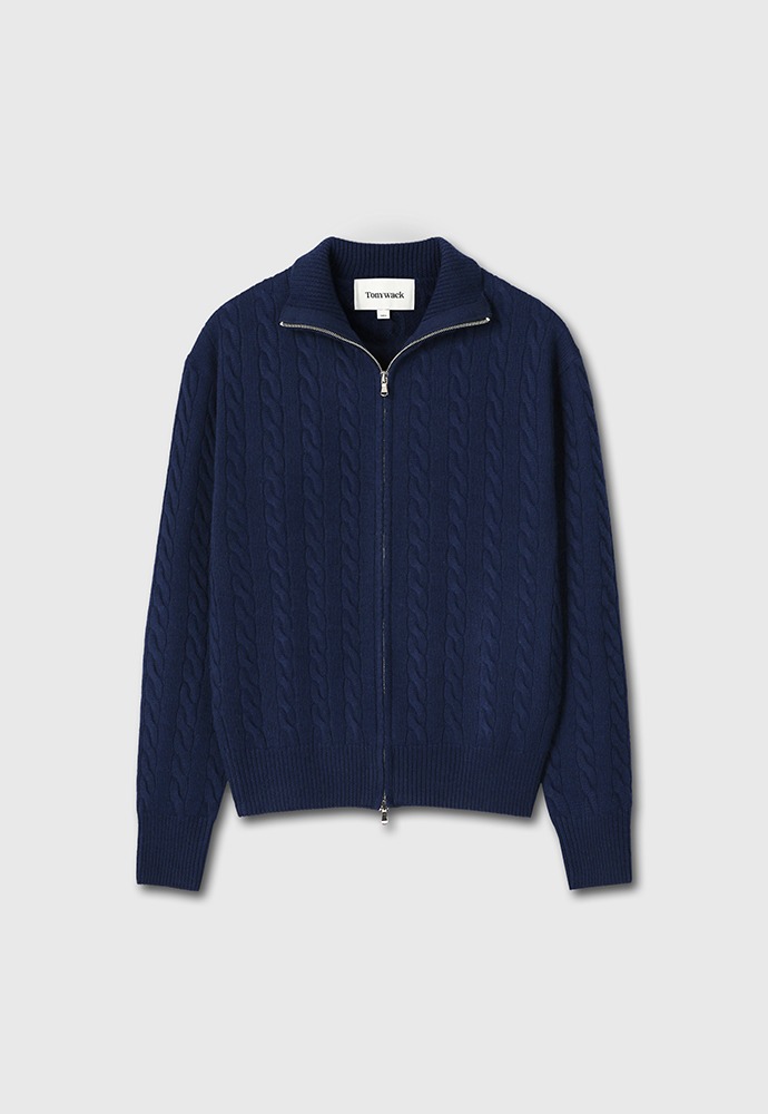 Super Fine Wool Cable Knit Zip-up_ Navy Blue