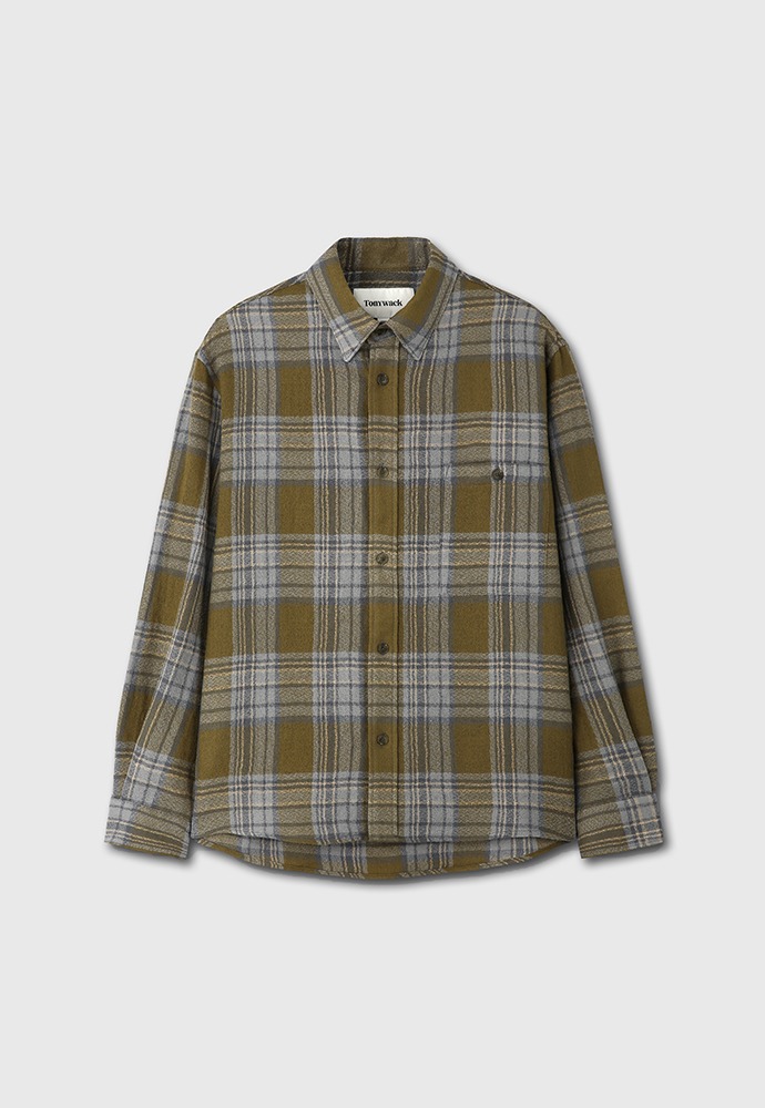 Light Wool Single Pocket Check Shirt_ Olive