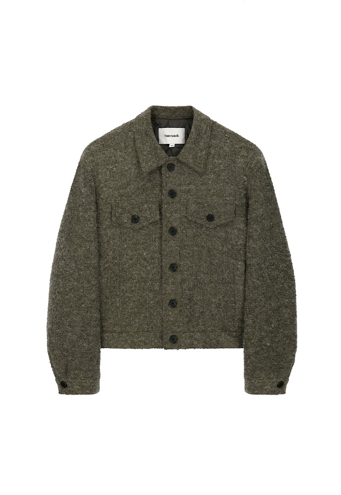 Shaggy Knit Quilting Trucker Jacket_ Olive Grey