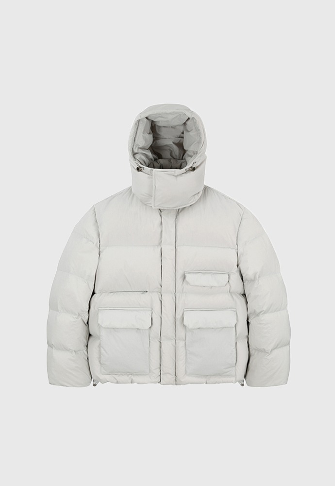 Technical Shell Short Puffer Down Jacket  (Detachable Hood)_ Pale Grey